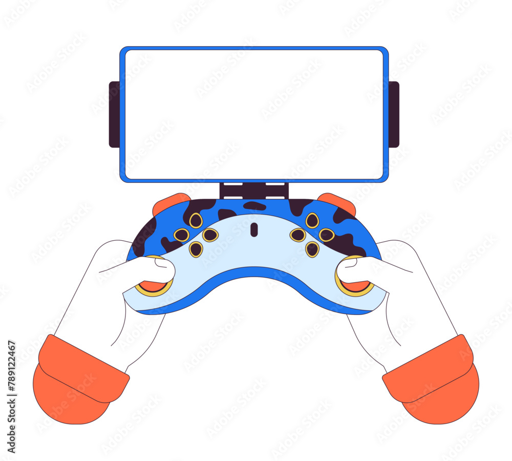 Poster phone holder for game controller linear cartoon character hands illustration. gamepad smartphone emp