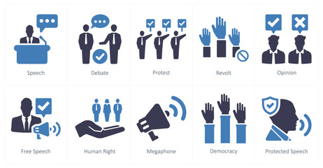 A set of 10 freedom of speech icons as speech, debate, protest