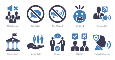 A set of 10 freedom of speech icons as mute people, prohibited, not allowed