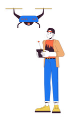 Asian young man piloting quadcopter 2D linear cartoon character. Korean guy holding remote controller isolated line vector person white background. Capture aerial footage color flat spot illustration