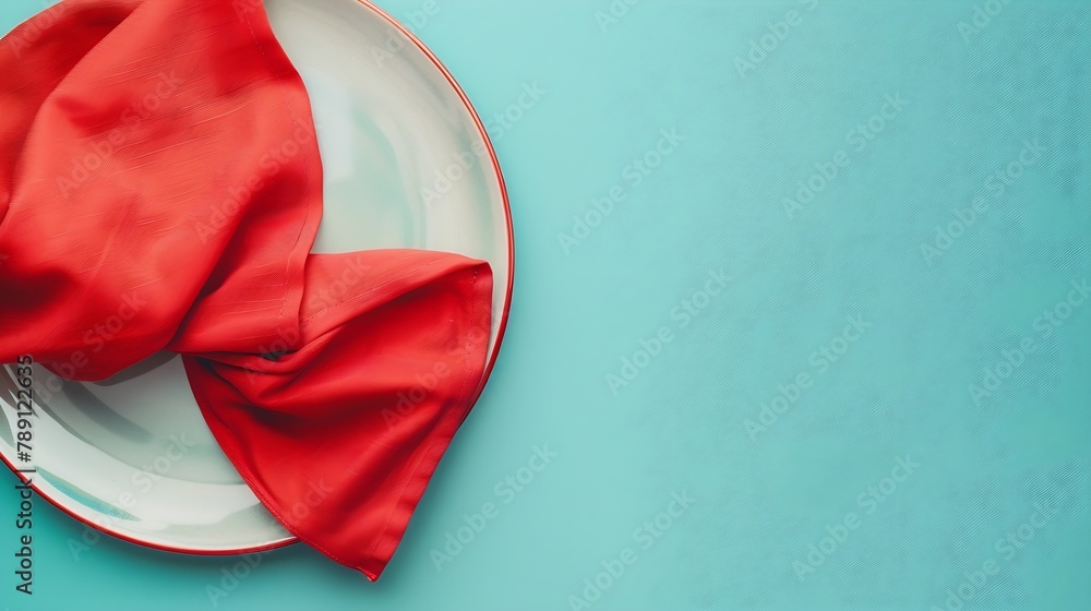 Poster top view with red empty kitchen napkin isolated on table background Folded cloth for mockup with copy space Flat lay Minimal style : Generative AI