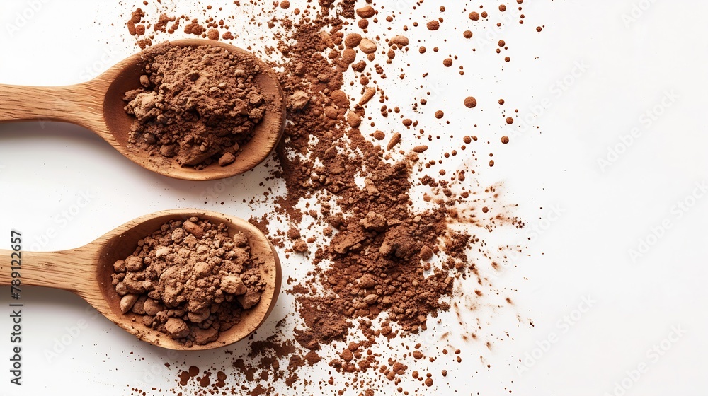 Poster Cocoa drink and cocoa powder in wooden spoon isolated on white background Top view Flat lay : Generative AI