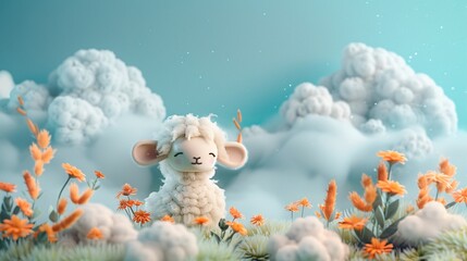 Sheep and plant under soft light clouds, dark teal and light orange hues, 3D, with text space.