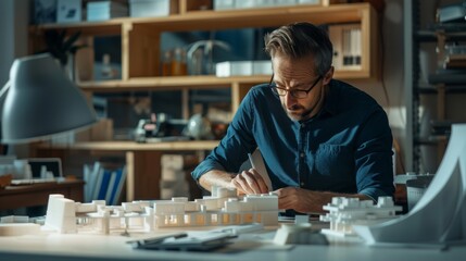 Fototapeta premium An architect in a sleek, uncluttered studio, creating models with 3D printing technology, styled as futuristic realism.