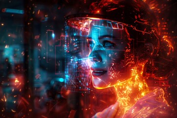 A cyberpunk nurse, her smile offering comfort, appears in a 3D hologram isolated from the chaos of a house on fire, set against a black background,  - obrazy, fototapety, plakaty