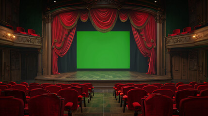 A Classic Theater Setting with Majestic Curtains opened with a green screen behind them and Foreground Seats, Awaiting the Spectacle - Powered by Adobe