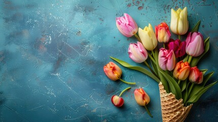 Delight in a whimsical scene of a wafer waffle cone adorned with vibrant tulips set against a...