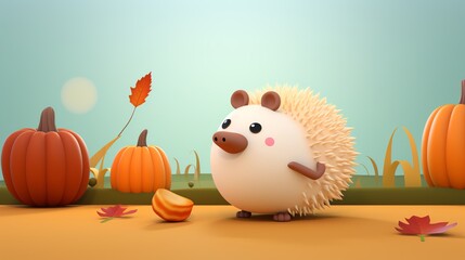 A curious hedgehog exploring a pumpkin patch at dusk cartoon, animation 3D flat design - obrazy, fototapety, plakaty