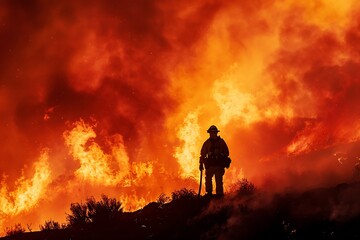 : A lone, brave firefighter battling a massive, raging wildfire, standing as a beacon of hope against the inferno - obrazy, fototapety, plakaty