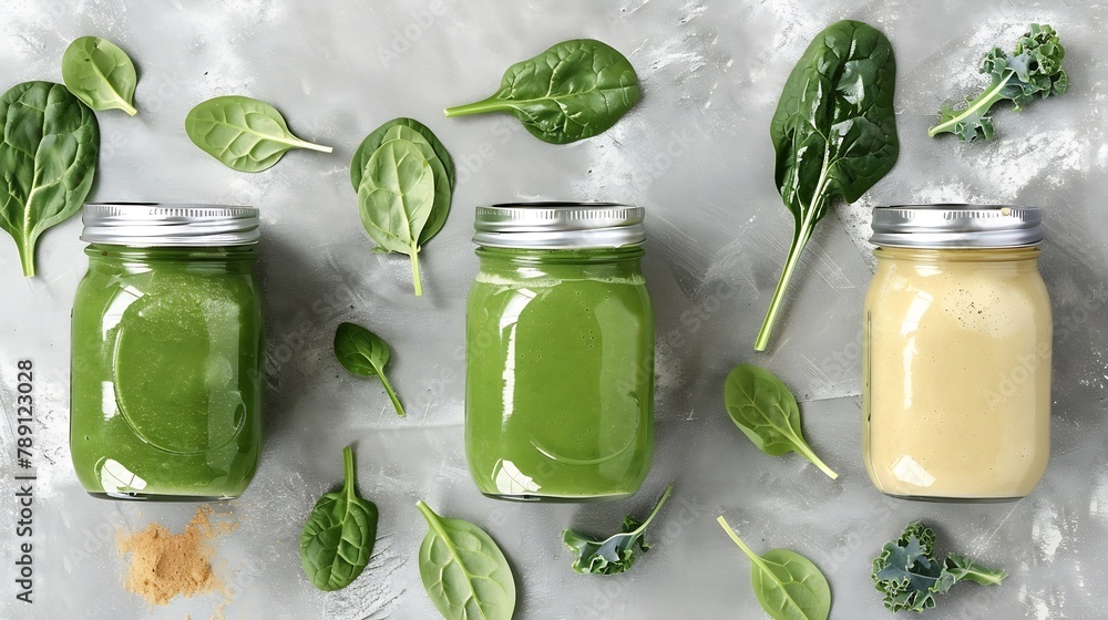 Poster variety of three color green spinach kale apple yogurt smoothie in mason jars with retro cocktail tu