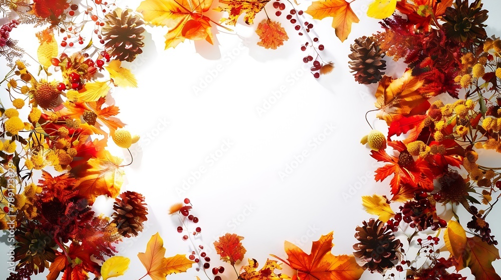 Poster autumn floral background oak leaves cones flowers berries arranged in frame on white background copy