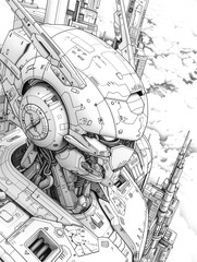 Awesome Robot in the future world. Coloring page book for kids and everyone.