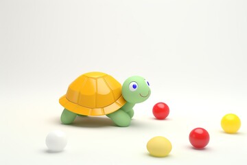 A tiny turtle slowly navigating a sea of colorful marbles cartoon, animation 3D flat design - obrazy, fototapety, plakaty