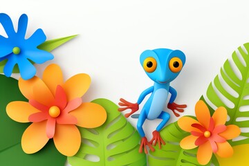 A tiny gecko with big eyes perched on a vibrant tropical flower cartoon, animation 3D flat design - obrazy, fototapety, plakaty