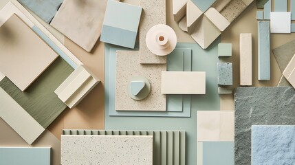 Elegant  flat lay composition in green blue and beige color palette with textile and paint samples lamella panels and tiles Architect and interior designer moodboard Top view Copy spac : Generative AI - Powered by Adobe