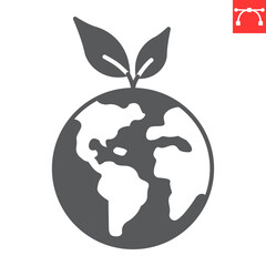 Ecology glyph icon, globe and save our planet, earth with leaves vector icon, vector graphics, editable stroke solid sign, eps 10.