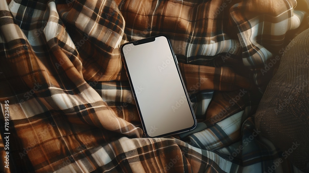 Poster phone with blank screen lying on the sofa with brown plaid modern minimal still life smart phone moc