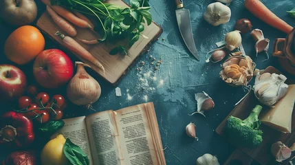  Flat lay of healthy cooking ingredients with a vintage book and cutting board : Generative AI © Generative AI