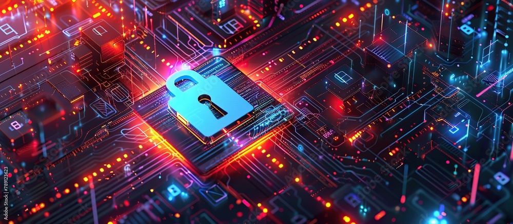 Poster Digital encryption keys glowing on an intricate electronic circuit board with a padlock icon on a digital background.