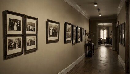 A hallway adorned with a chronological display of framed, historic family photographs in sepia tones Generative AI - obrazy, fototapety, plakaty