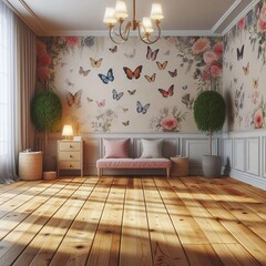 Room with wooden floor. Wall decorated with wallpaper with butterflies. Empty.
