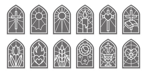 Church glass windows. Stained mosaic catholic and christian frames with cross. Vector gothic medieval outline arches isolated on white background