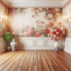 Room with wooden floor. Wall decorated with wallpaper with flowers. Empty.