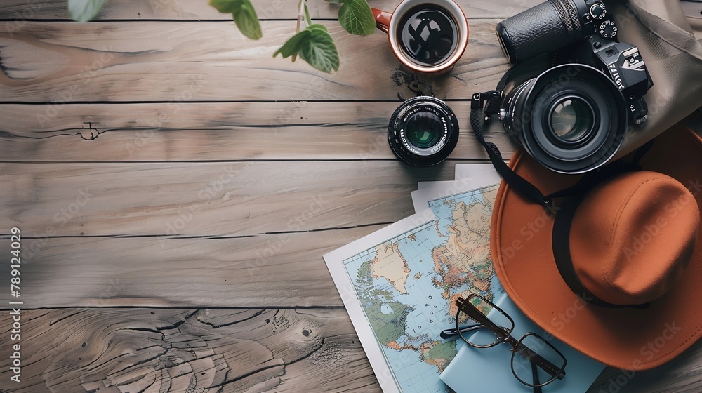 Aufkleber beautiful hipster flatlay with hat dslr camera lens coffee map flower notebook and binocular working