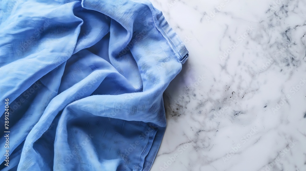 Poster top view with blue kitchen napkin isolated on table background Folded cloth for mockup with copy space Flat lay Minimal style : Generative AI