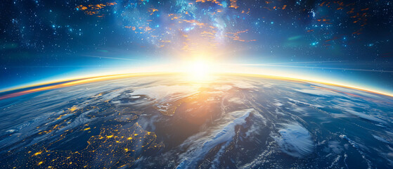 Blue sunrise view of earth from space copy space - obrazy, fototapety, plakaty