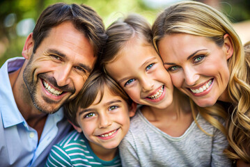 Close-up Portrait of a Happy Family: A close-up portrait of a happy family with smiling faces, portraying love and togetherness.

