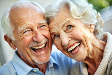 Close-up Portrait of a Senior Couple Laughing: A close-up portrait of a senior couple sharing a laugh, illustrating the enduring bond and happiness in long-term relationships.
