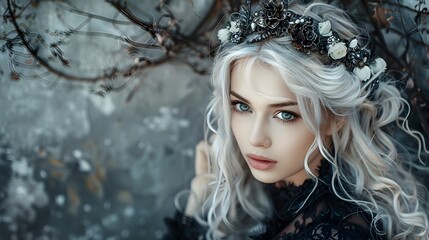 Conceptual Portrait of a Youthful Woman with a Whimsical Crown in a Wintry Setting