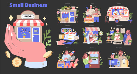 Small Business diversity set A vibrant look into the local economy, depicting shops, cafes, online ventures, and street food Entrepreneurial spirit in a modern marketplace Vector illustration