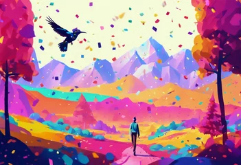 Tuinposter Roze background A bird mountains flying confetti trees walking colorful design image flat process landscape art surreal top person illustration autumn nature tree many-coloured rainbow se