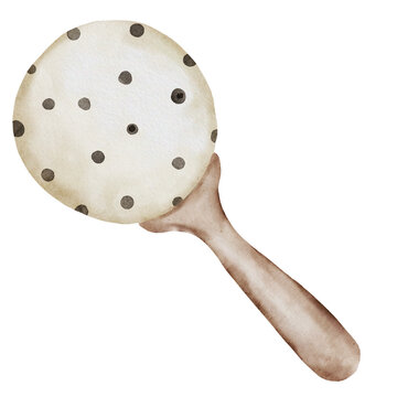 recommend clip art: Baby rattle toy watercolor.Hand drawn illustration on isolated white background in retro style. Vintage illustration of a children's accessory. Item for a newborn. For design of cards and invitations