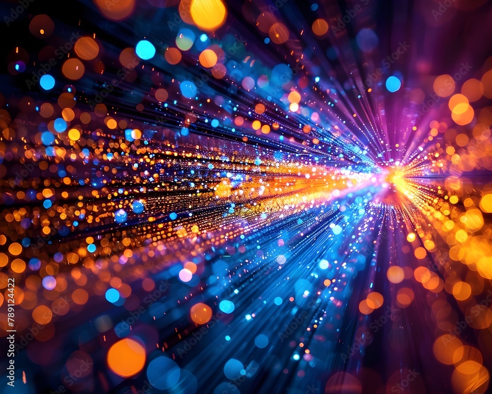 Poster pulsating fiber optic lights depicting high speed data transmission in a vibrant abstract design