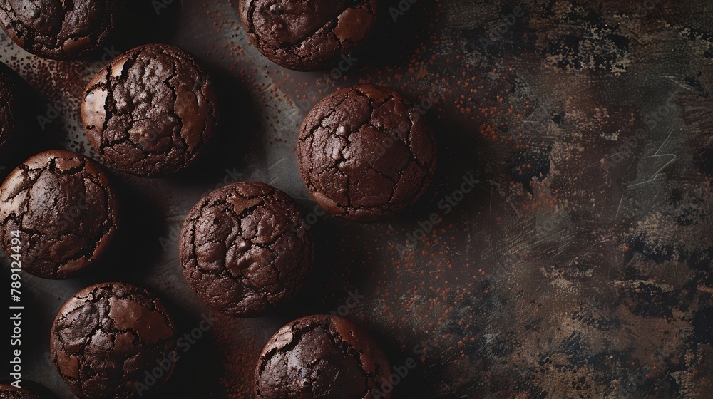 Poster chocolate brownies cacao muffins flat lay baking concept top view copy space on dark background : ge