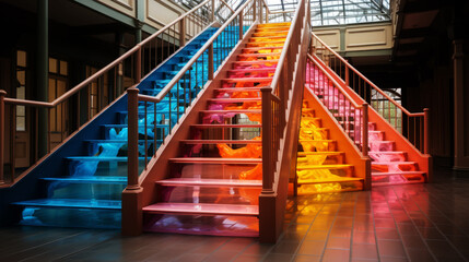 Colorful Rainbow Staircase in Modern Interior.Generative ai.