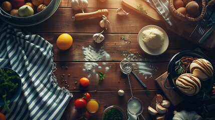Flat lay composition with striped apron and different ingredients on wooden table : Generative AI