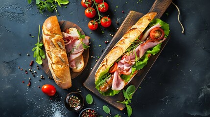 Delicious baguette sandwich with ham bacon cheese lettuce tomatoes sausage gammon on cutting board with herb and spices over on dark background Meat food top view flat lay toning : Generative AI