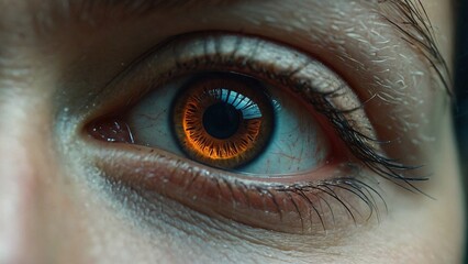 A close up of a brown eye. Macro photography portrait sight design. Vibrant eyeball iris and pupil illustration.