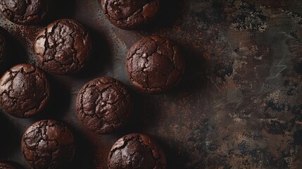 Chocolate brownies cacao muffins flat lay baking concept top view copy space on dark background : Generative AI - obrazy, fototapety, plakaty