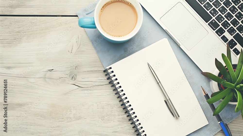 Fototapete Blank notebook with pen are on top of wood office desk table with laptop computer cup of coffee and supplies Top view with copy space flat lay : Generative AI