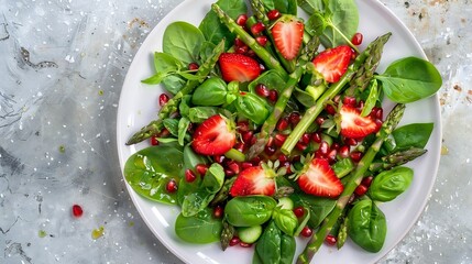 Spring salad with strawberries pomegranate asparagus spinach basil leaves and citrushoney dressing Top view : Generative AI - obrazy, fototapety, plakaty