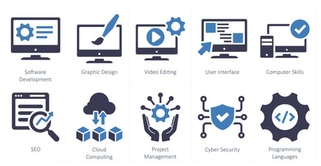A set of 10 hard skills icons as software development, graphic design, video editing