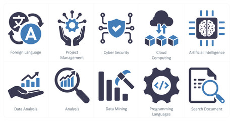 A set of 10 hard skills icons as foreign language, project management, cyber security