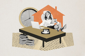 Composite photo collage of serious girl st chair work home type laptop comfort legs table cup coffee book isolated on painted background