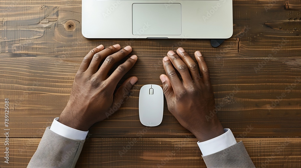 Poster man typing on laptop computer keboard over wood office desk table with white wireless mouse top view