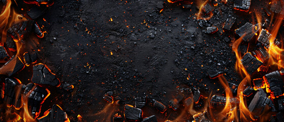Charcoal For Barbecue Background With Flames copy space